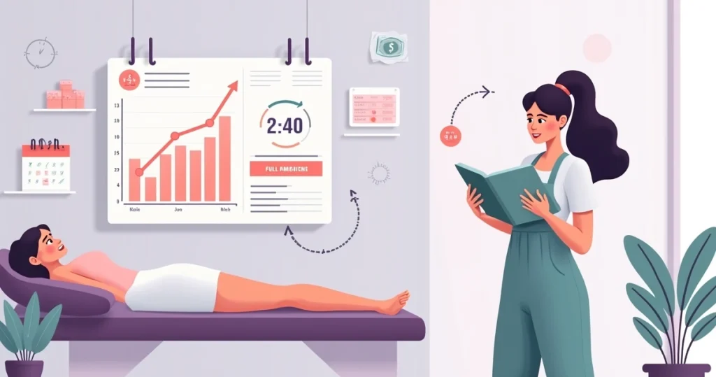 Profissional de depilação olhando para agenda cheia e gráfico financeiro negativo