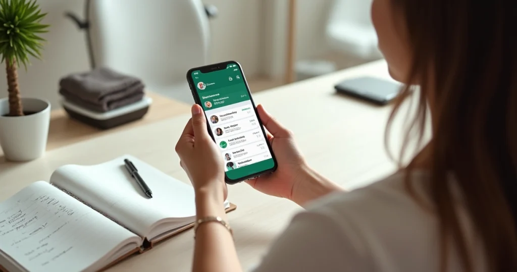 Profissional de beleza usando celular com agenda de WhatsApp aberta em ambiente de salão