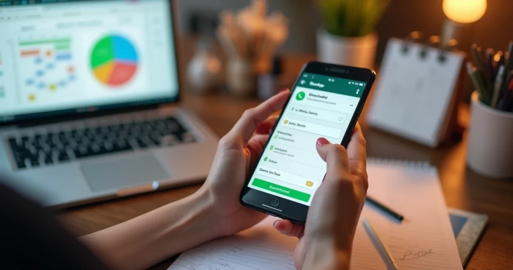 Profissional de beleza usando smartphone para agendar cliente via WhatsApp com agenda digital e gráficos de controle financeiro ao fundo