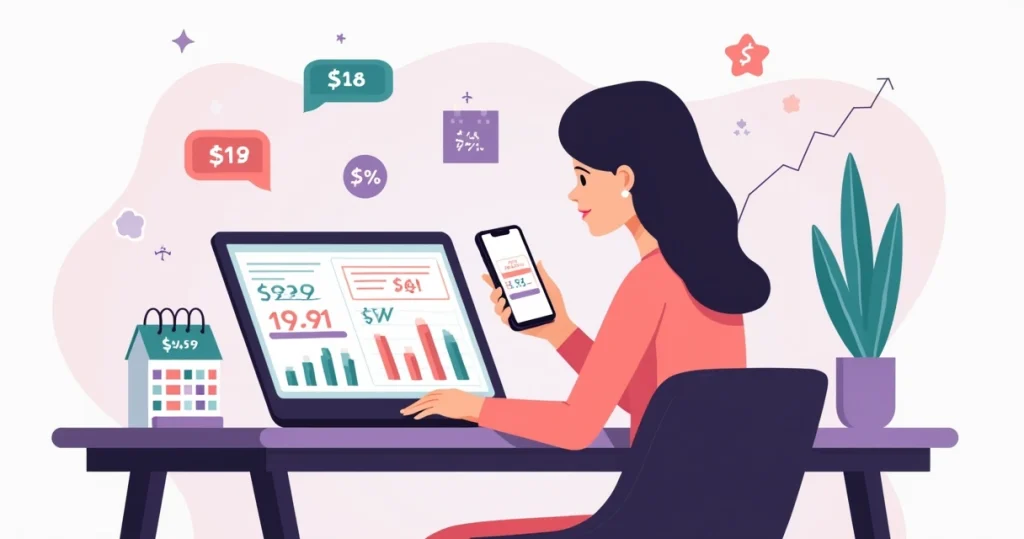 Profissional de beleza comparando preços em gráficos e aplicativos