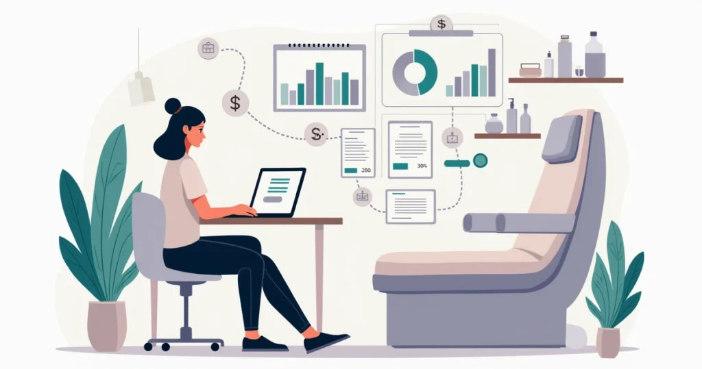 Profissional de estética usando aplicação de controle financeiro em clínica moderna