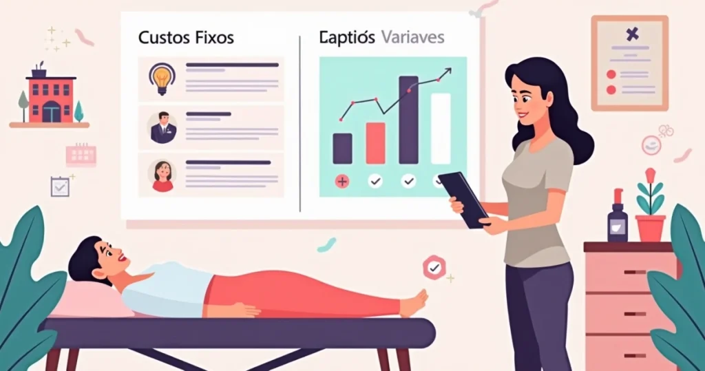 Ilustração de depiladora analisando custos fixos e variáveis no estúdio de depilação