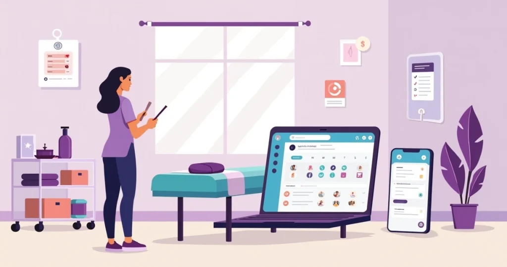 Depiladora organizando agenda digital e finanças no estúdio de beleza