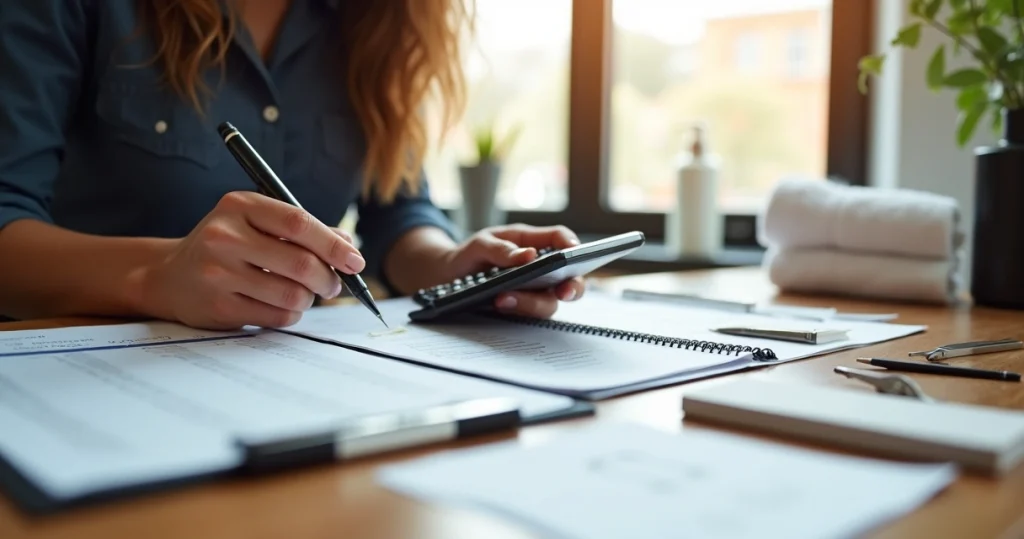 Depiladora analisando planilha de preços com calculadora e anotações
