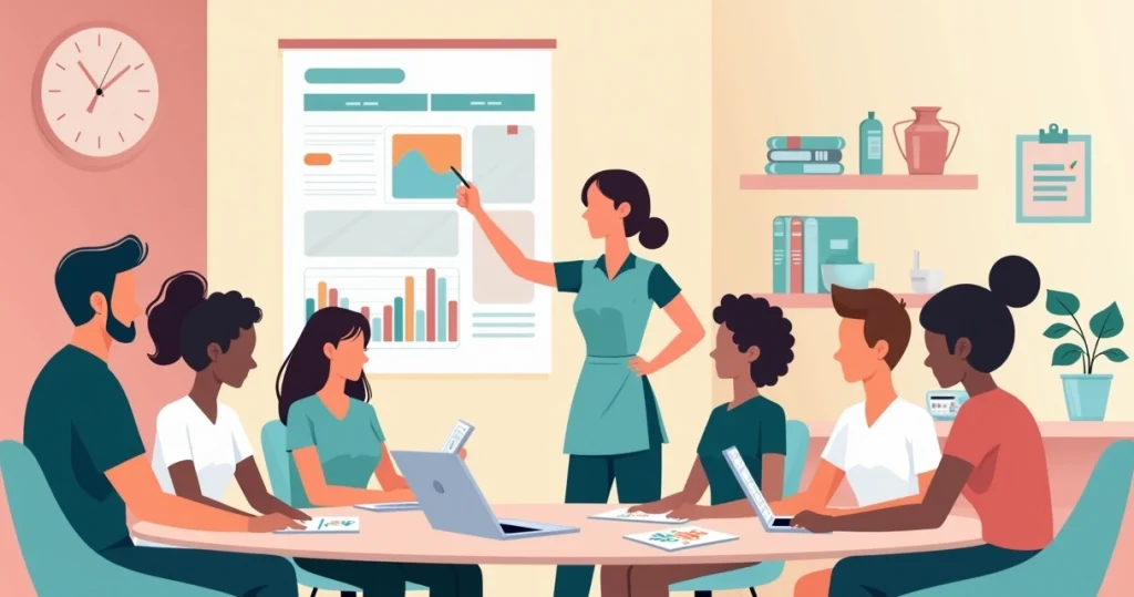 Equipe de depilação reunida em sala de atendimento planejando agenda do dia