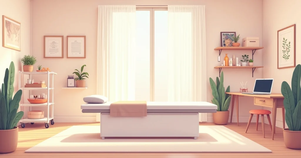 Espaço de depilação profissional organizado em casa com maca e equipamentos de estética