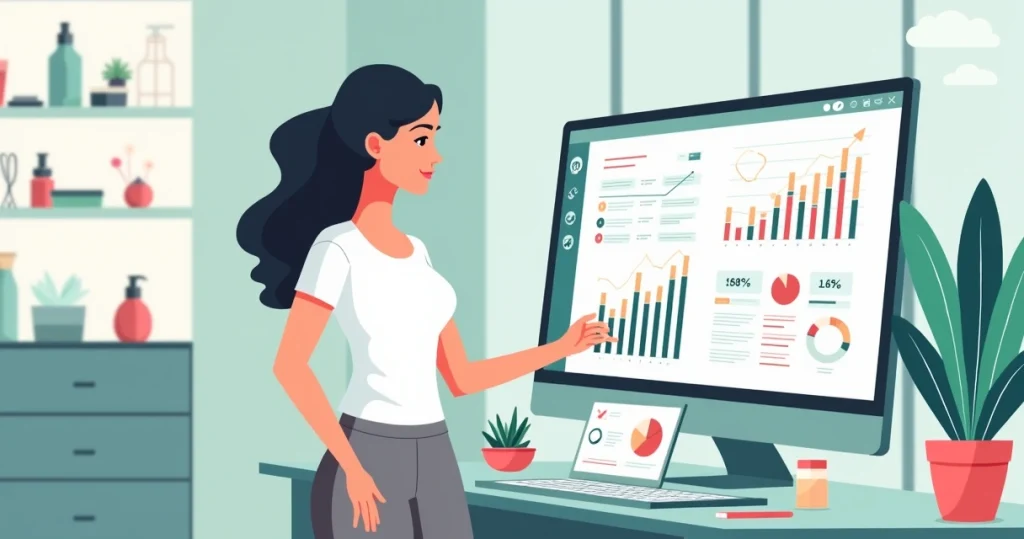 Profissional de estética analisando finanças do estúdio com gráficos e agenda