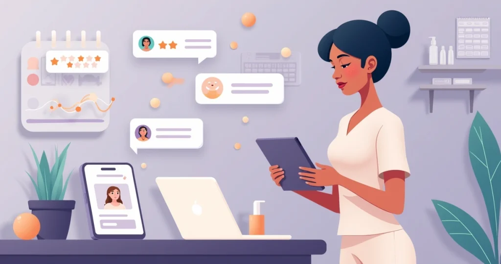 Profissional de beleza analisando feedback de clientes em ilustrações de balões de diálogo e gráficos