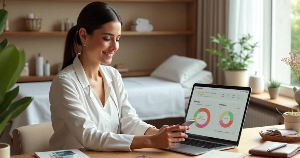 Profissional de beleza organizando finanças pessoais e do estúdio na mesma mesa