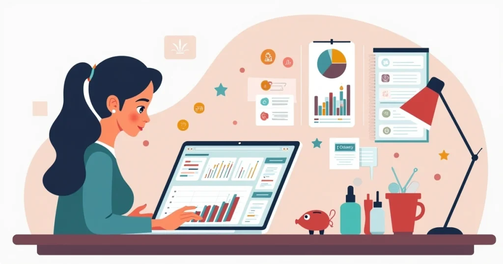 Profissional de estética organizando finanças e agenda no notebook com gráficos e ícones de beleza