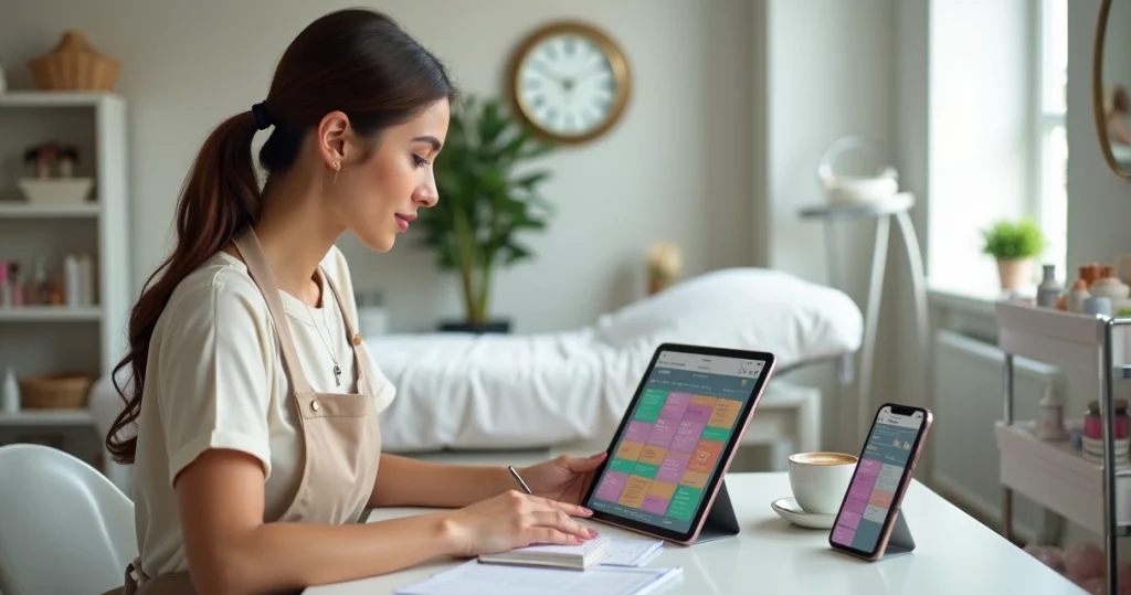 Profissional da beleza organizando agenda digital no salão