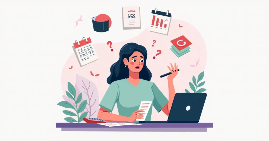 Profissional de estética preocupada analisando planilhas financeiras no estúdio