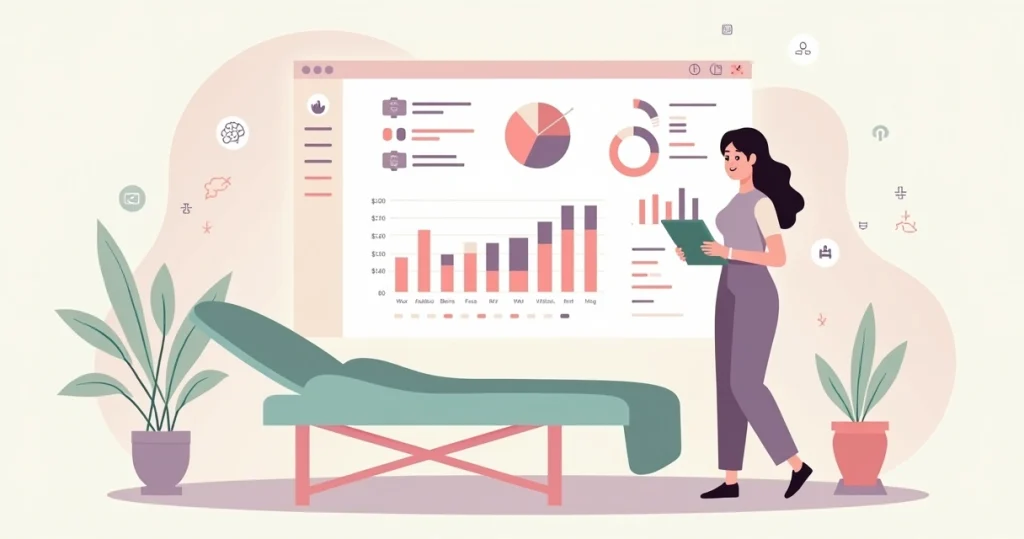 Ilustração de esteticista analisando margem de lucro de depilação por zona em painel financeiro