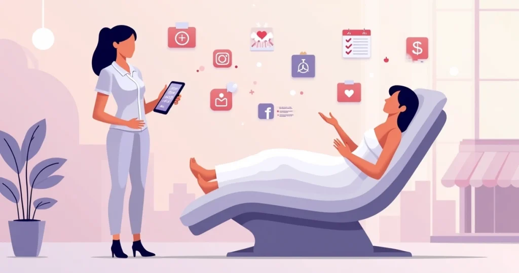 Depiladora atendendo cliente com ícones de marketing digital ao redor