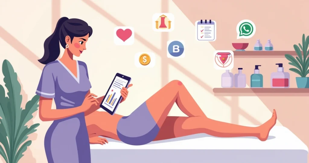 Depiladora atendendo cliente em ambiente profissional com ícones de marketing digital ao redor