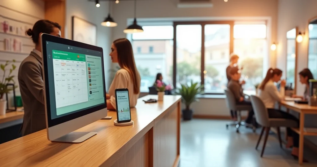 Recepção de salão de beleza moderno com clientes sendo atendidos e uso de agenda digital