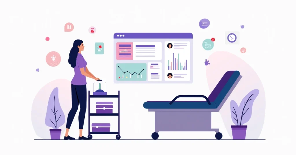 Profissional de estética acompanhando recorrência de clientes em painel digital