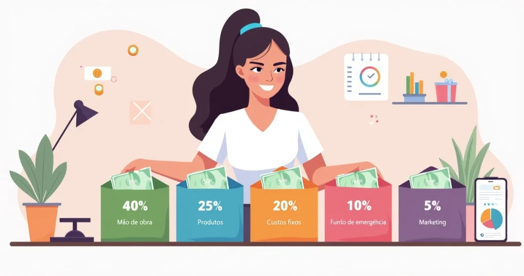 Profissional organizando dinheiro em cinco envelopes coloridos sobre a mesa