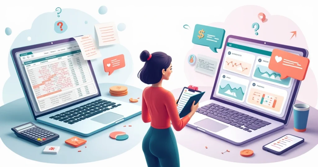 Profissional de beleza comparando planilha de Excel com aplicativo financeiro na tela do computador