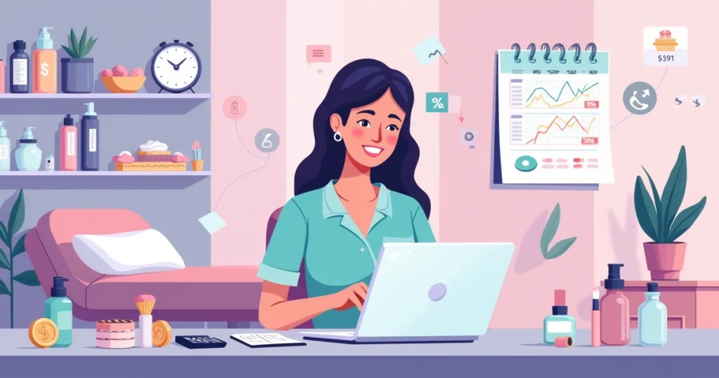 Profissional de beleza calculando preço de serviços em salão moderno