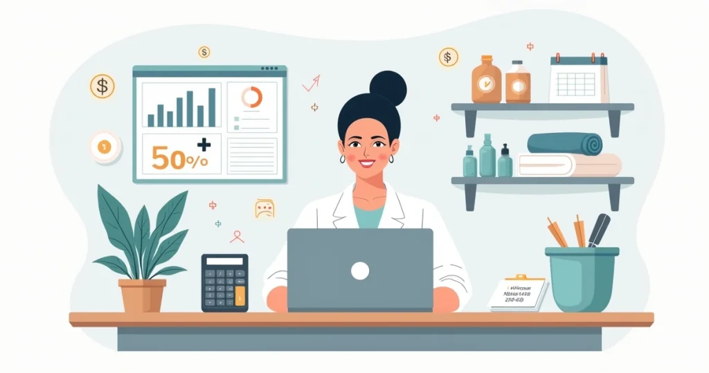 Ilustração de esteticista calculando preço de serviço de depilação com gráficos e calculadora