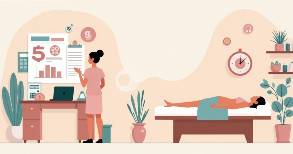 Ilustração de depiladora calculando preço de serviço com planilha e cliente na maca