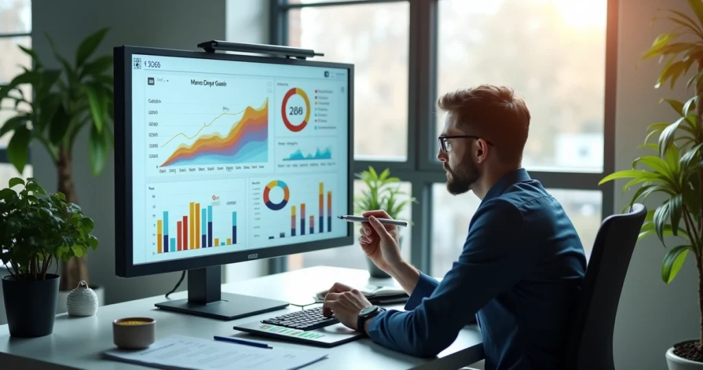 Profissional analisando gráficos e metas financeiras em tela digital