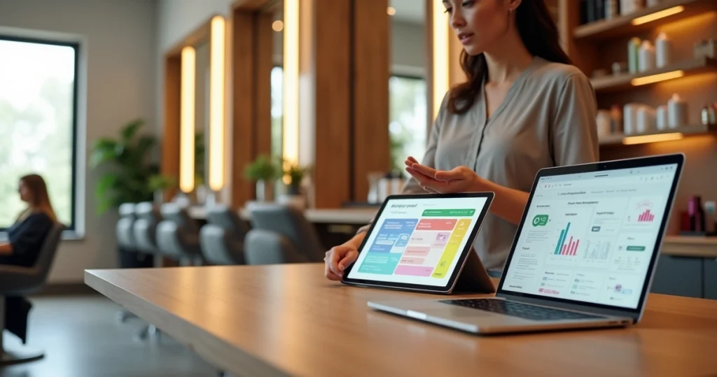 Profissional de beleza usando programa para salão de beleza em tablet para agendamento e gestão financeira