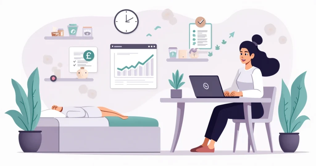 Ilustração de esteticista analisando sistema de gestão de depilação no computador