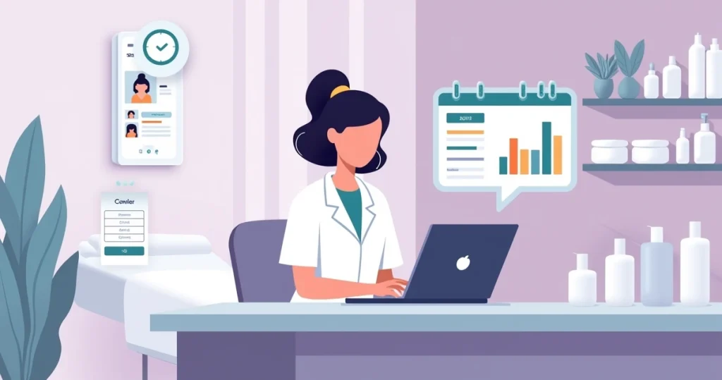 Profissional de estética usando sistema online em notebook para gerenciar agenda e finanças da clínica