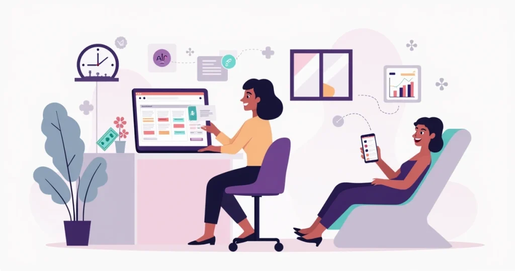 Profissional de beleza usando agenda online com lembrete de WhatsApp no estúdio