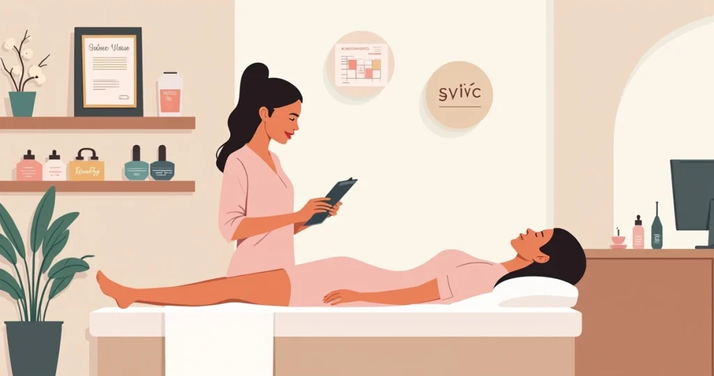 Esteticista atendendo cliente em estúdio de depilação moderno e acolhedor