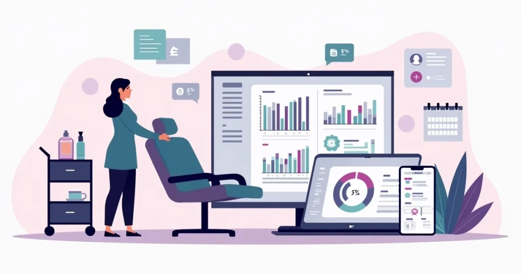 Ilustração de profissional de beleza calculando preço de serviços com gráficos e agenda