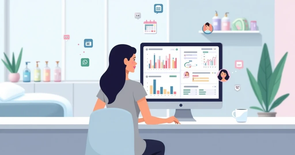 Ilustração de profissional de estética usando software de gestão com agenda e painel financeiro na tela do computador