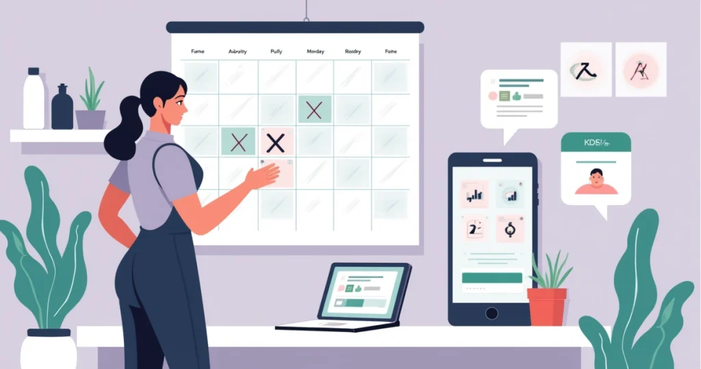 Profissional de estética olhando agenda com horários vazios e notificações no celular