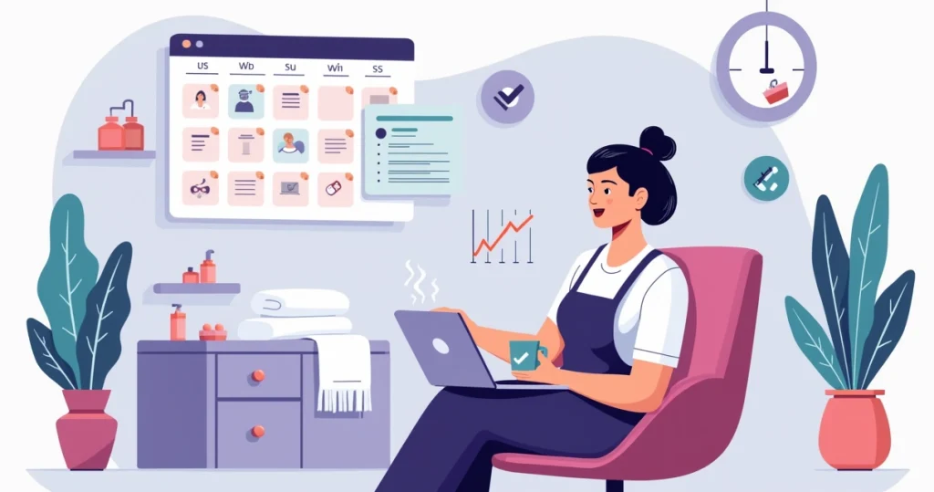 Profissional de estética relaxando enquanto sistema automático organiza agenda no computador