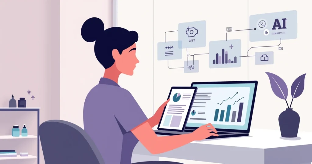 Profissional de estética analisando relatórios de vendas e serviços lucrativos no tablet