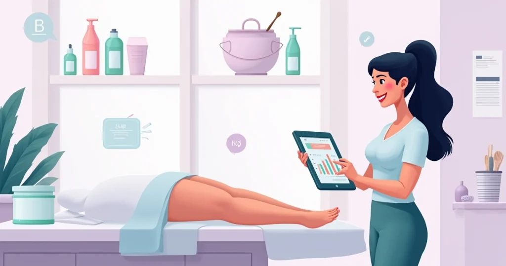 Esteticista analisando rendimento de produtos e descartáveis no tablet em clínica de depilação