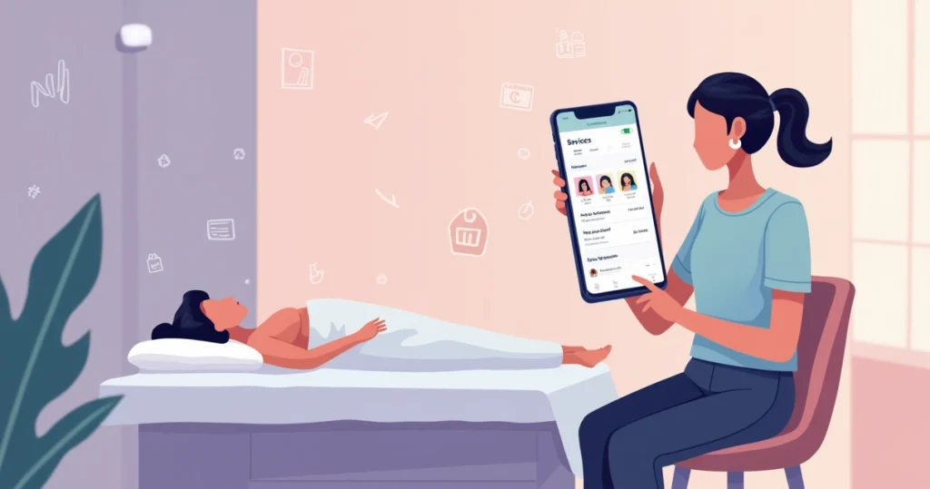 Profissional de estética consulta histórico de atendimento com fotos da cliente no celular